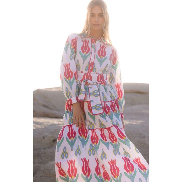 OLIPHANT Tuckernuck Tie Waist Belt Shirt Dress Maxi Midi Ikat Sumba Red Print XS - Picture 6 of 16